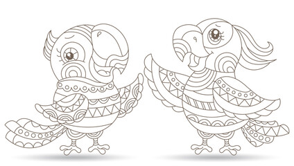 Set of stained glass elements with carton outline parakeets, contour birds isolated on white background