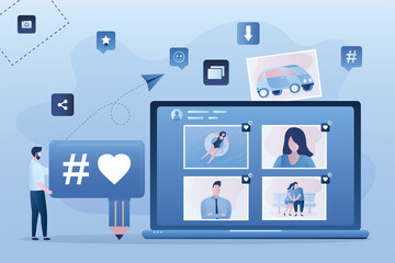 Man subscriber looks at social network page, comments and puts hearts. Concept of photo sharing, new media content and internet forum