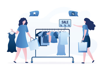 Girlfriends buyers in clothing store choose dresses and T-shirts. Female characters holds shopping bags. Floor hangers with various women's clothing