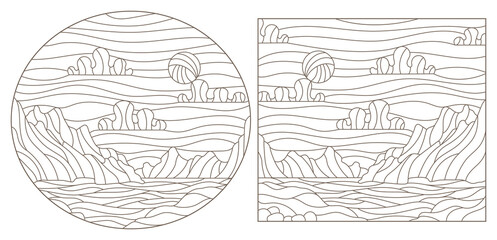 Set of contour illustrations of stained glass Windows with landscapes, dark contours on a white background