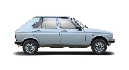 Classic French hatchback car side view isolated on white background - obrazy, fototapety, plakaty