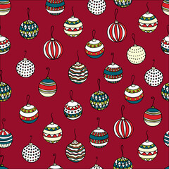 Christmas seamless texture with the Christmas glass toys made in the hand painted style.