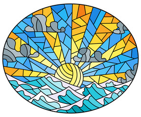 Illustration in stained glass style with seascape, sun on blue sky and sea background