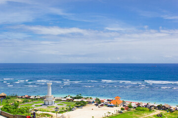 The view from the top of the Indonesian island of Bali against the cottage as a foreground