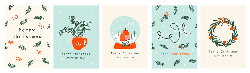 Set Christmas cards with Christmas tree, wreath, christmas elements. Vector illustrations  - 395600899