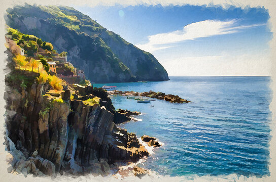 Watercolor drawing of Rocks and cliffs coastline of Riviera di Levante of National park Cinque Terre Coast