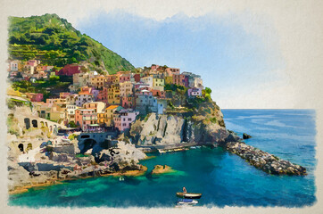 Watercolor drawing of Manarola traditional typical Italian village in National park Cinque Terre - obrazy, fototapety, plakaty