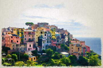Obraz premium Watercolor drawing of Corniglia traditional typical Italian village in National park Cinque Terre