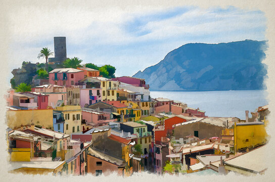 Watercolor drawing of Top aerial view of Vernazza typical village with colorful houses in National park Cinque Terre