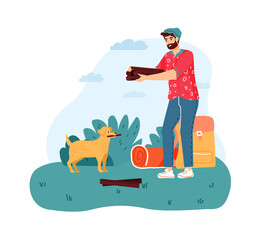 Man camping, holding firewood for campfire. Bearded boy with dog stops to make bonfire with logs. Male character trekking, having summer trip on nature, relaxation vector illustration