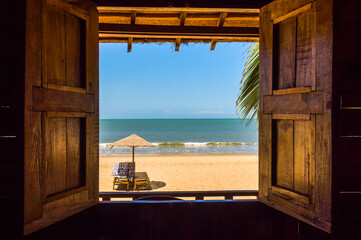 Wiew of indian ocean  from the bungalo window on the Palolem beach, GOA, India - obrazy, fototapety, plakaty