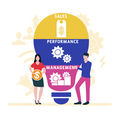 Flat design with people. SPM - Sales Performance Management   acronym. business concept background. Vector illustration for website banner, marketing materials, business presentation, online advertisi
