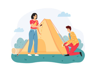 Fototapeta premium Man and woman set up or pitch tent on nature. Outdoor extreme leisure. Couple spending time actively in wildlife. Summer adventure and camping. Tourists having vacation vector illustration