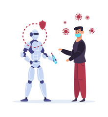Robot curing ill person. Artificial intelligence giving thermometer for measuring temperature to man with infection or influenza. Robotic assistant providing healthcare vector illustration
