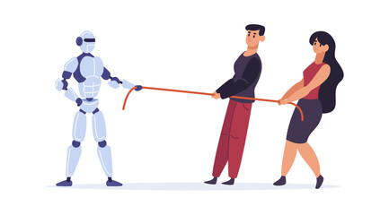Artificial intelligence winning in strength and endurance people. Humans and robots having competition. Machine is stronger than man and woman. Futuristic rivalry, tug of war vector illustration