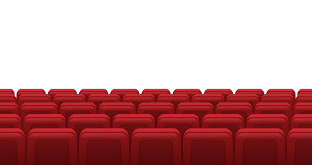 Movie theatre red seats. Empty rows of red cinema theatre seats, movie theatre interior. Cinema movie premiere event vector illustration. Hall for watching films or plays with armchairs