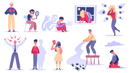 Psychiatric problems. Mental psychological disorders, phobias paranoia, depression and panic problem. Psychic illnesses vector illustration. Bipolar disorder, insomnia, emotional trauma