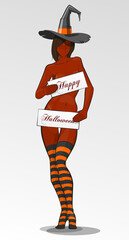 Beautiful slim naked black girl in a hat and socks with a banner sign saying Happy Halloween party