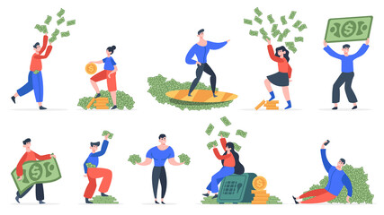 Fototapeta na wymiar Rich people. Successful men and women with big money, financial success, wealth and luxury. Rich people scatter money vector illustration set. Wealthy girl and boy throw banknotes, surf, take photos
