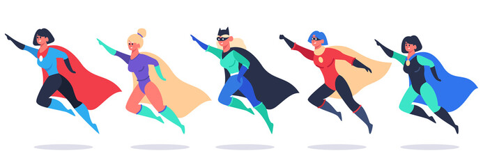 Superheroes women. Wonder female characters, super girls in superhero waving cloak costume, powerful woman superhero vector illustration set. Flying beautiful heroes wearing mask and cape © WinWin