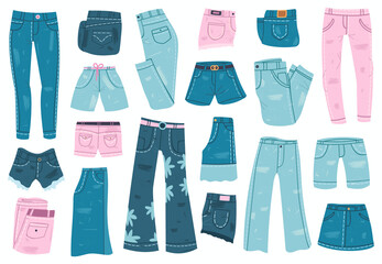 Jeans clothes. Denim trousers, shorts and skirt, blue jeans unisex apparel. Stylish casual denim garments vector illustration set. Trendy clothing, basic outfit objects for man and woman