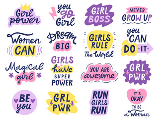 Girl power letterings. Motivational feminist quotes, hand drawn inspirational girl power lettering stickers. Feminist slogans vector illustrations. Never grow up, dream big, girls have super power