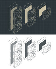 Water cooling radiators isometric blueprints Set