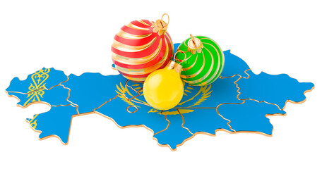 Kazakh map with colored Christmas balls. New Year and Christmas holidays concept, 3D rendering