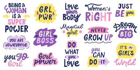 Women feminist quotes. Female motivational slogan, body positive and inspirational hand drawn letterings. Women empowerment vector illustrations. Girlish saying as do what you love, girl boss