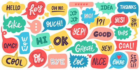 Dialogue speech bubbles. Chat balloons, small talk frames, conversation clouds with greeting phrases. Dialogue chat bubbles vector symbols. Thinking clouds or frames with messages for discussion - obrazy, fototapety, plakaty