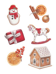 Set of watercolor elements. Gingerbread house, dried oranges, gift, toy horse, gingerbread snowman. Cute christmas illustrations on white background
