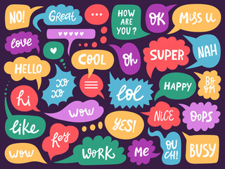 Doodle conversation clouds. Dialogue chat bubbles with small talk phrases, think or talk clouds. Hand drawn speech bubbles vector symbols set. Short messages for communication or discussion - obrazy, fototapety, plakaty