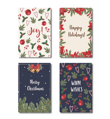 Naklejka premium Set of beautiful Christmas and New Year cards and tags. Greeting cards with poinsettia, caramel canes, bells and fir branches. Merry Christmas, Happy Holidays. Warm wishes. Joy!