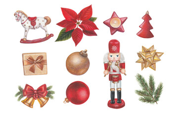 Set of watercolor Christmas vintage toys and decor. Poinsettia, nutcracker, candle, fir branch, gift, bells, balls. Isolated on white background.