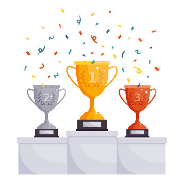 Winner podium cups. Gold, silver, bronze rewards, competition trophy cups, achievement award on pedestal. Victory celebration vector illustration. Award ceremony with falling confetti