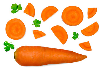 Carrots and slices isolated on white, top view