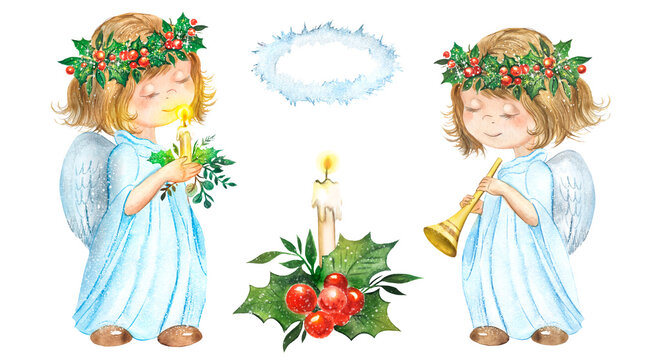 Watercolor illustration with christmas angel holding a candle, little girl dressed as a white angel, prayer, religion