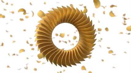 Circularly sorted crunchy potato chips. Suitable for chips, snack and fast food themes. 3D illustration with white background