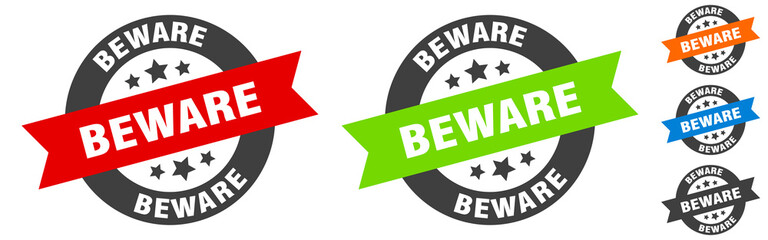 beware stamp. beware round ribbon sticker. tag
