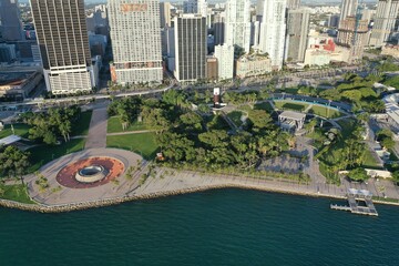 Miami, Florida - November 26, 2020 - Aerial view of City of Miami and Bayfront Park on sunny autumn...