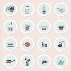 Set of round icons with kitchen utensils and accessories.Vector illustration drawn by hand.