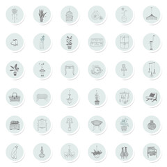 Set of round icons furniture and decorative elements for the interior, vector illustration.