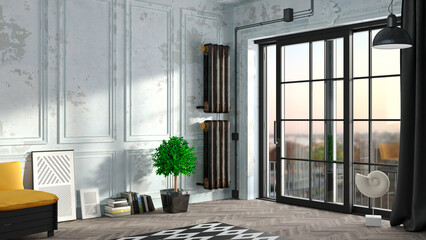 Loft interior with sliding doors