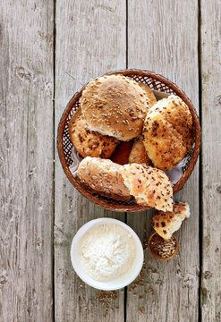 Various seeded rolls in a bread basket