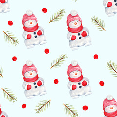 Watercollor pattern with snowman and spruce