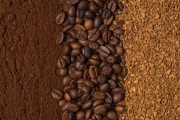 Grind coffee, coffee beans and granulated coffee close up