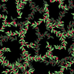 Holly Branches Seamless Pattern.
