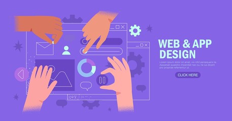 Hands are working on website or application, ui ux design and programming. Team of designers doing research and prototyping. Web studio or mobile application concept for banner, ads, landing page.