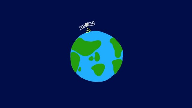 Satellite flying around spinning planet Earth. Hand drawn illustrated animation in cartoon style.