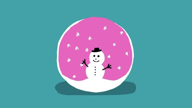 Pink snowdrop with happy snowman mascot inside, animated snowflakes falling. Hand drawn illustrated stop motion animation.